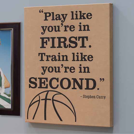 Light Brown Faux Leather Wrapped Rectangle Canvas Engraved With Stephen Curry Quote And Basketball Art On Living Room Wall