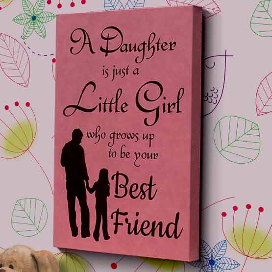 Pink Faux Leather Wrapped Rectangle Canvas Engraved With Daughter Friend Message And Dad With Child Art On Kids Room Wall