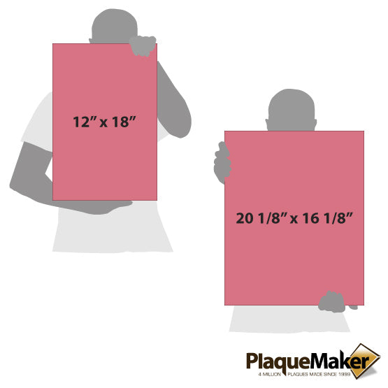 Size Guide With Blank Figures Holding Pink Faux Leather Wrapped Rectangle Canvases Against White Background