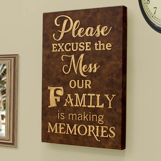 Rustic And Gold Faux Leather Wrapped Rectangle Canvas Engraved With Family Making Memories Message On Living Room Wall