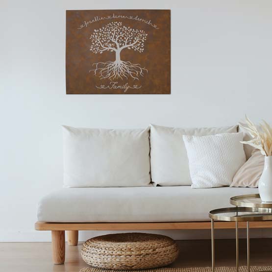 Custom Rustic Faux Leather Canvas Engraved With Tree Art And Cursive Family Names Hanging On Living Room Wall Above Couch