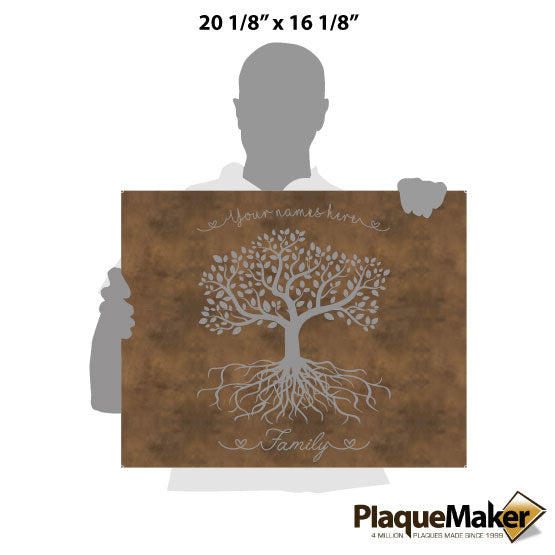 Size Guide With Blank Figure Holding Rustic Faux Leather Canvas Laser Engraved With Tree Art And Showing Customizable Area