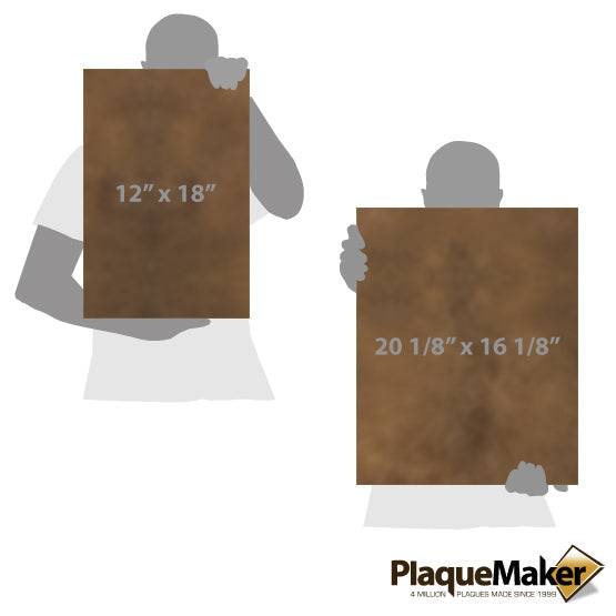 Size Guide With Blank Figures Holding Two Sizes Of Custom Rustic And Silver Faux Leather Wrapped Rectangle Canvas