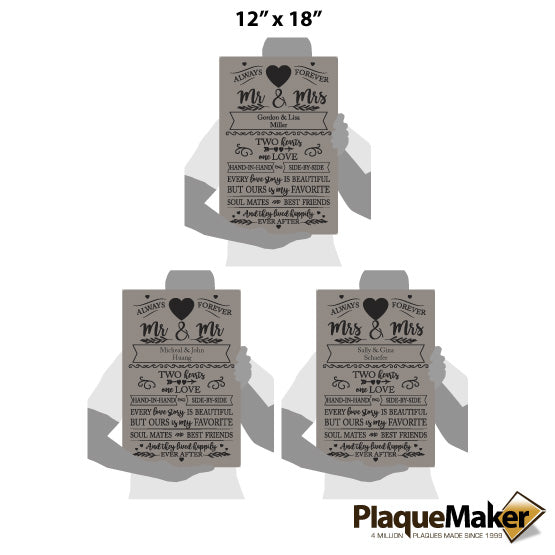 Size Guide With Blank Figures Holding Different Sizes Of Gray Faux Leather Canvases Engraved With Married Love Story Text