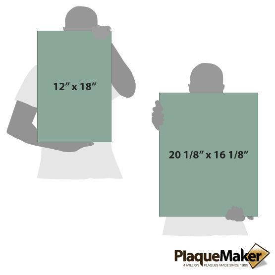 Size Guide With Blank Figures Holding Two Sizes Of Custom Teal Faux Leather Wrapped Rectangle Canvas Against White Background
