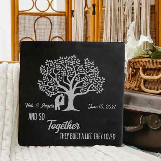 Custom Black Faux Leather Canvas Engraved With Tree And Couple Art And Together They Built A Life Message On Sofa Near Decor