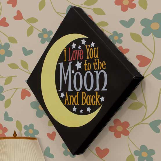 Black Faux Leather Wrapped Square Canvas With Moon Art And I Love You To The Moon And Back Text On Wall With Flower Art