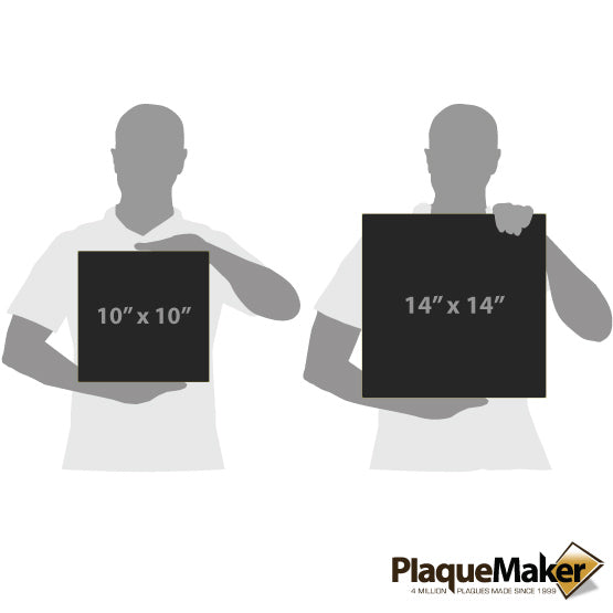 Size Guide With Blank Figures Holding Two Sizes Of Custom Black Faux Leather Wrapped Square Canvas Against White Background