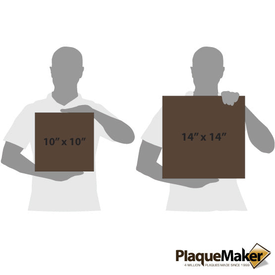 Size Guide With Blank Figures Holding Two Sizes Of Custom Dark Brown Faux Leather Wrapped Square Canvases