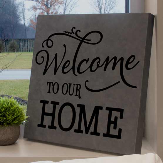 Custom Gray Faux Leather Wrapped Square Canvas Laser Engraved With Welcome To Our Home On Window Sill With Plant