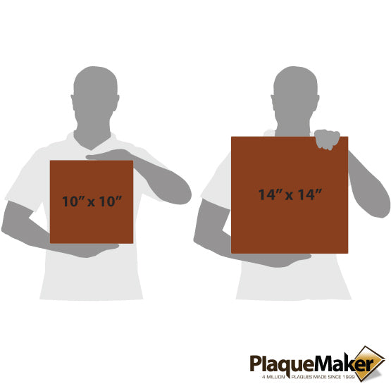 Size Guide With Blank Figures Holding Two Sizes Of Rawhide Faux Leather Wrapped Square Canvases Against A White Background