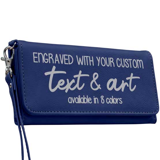 Custom Blue Faux Leather Trifold Wallet With Wrist Strap And Laser Engraved To Show Customizable Areas For Text And Art