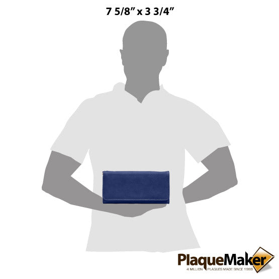 Size Guide With Blank Figure Holding Custom Blue Faux Leather Trifold Wallet With Wrist Strap Against White Background