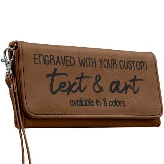 Custom Dark Brown Faux Leather Trifold Wallet With Wrist Strap And Laser Engraved To Show Customizable Areas For Text And Art