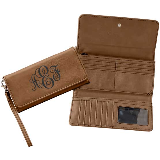 Custom Dark Brown Faux Leather Trifold Wallet With Wrist Strap And Engraved Initials Beside Example Of The Wallet Opened Up