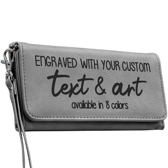Custom Gray Faux Leather Trifold Wallet With Wrist Strap And Laser Engraved To Show Customizable Areas For Text And Art