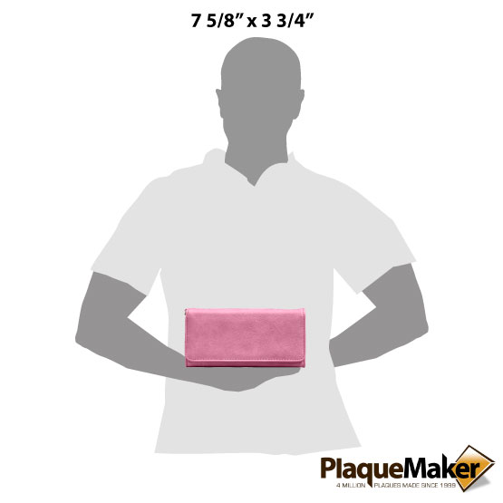 Size Guide With Blank Figure Holding Custom Pink Faux Leather Trifold Wallet With Wrist Strap Against White Background