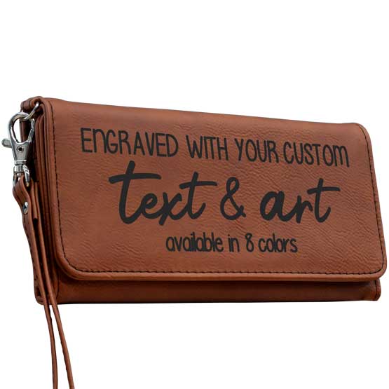 Custom Rawhide Faux Leather Trifold Wallet With Wrist Strap And Laser Engraved To Show Customizable Areas For Text And Art
