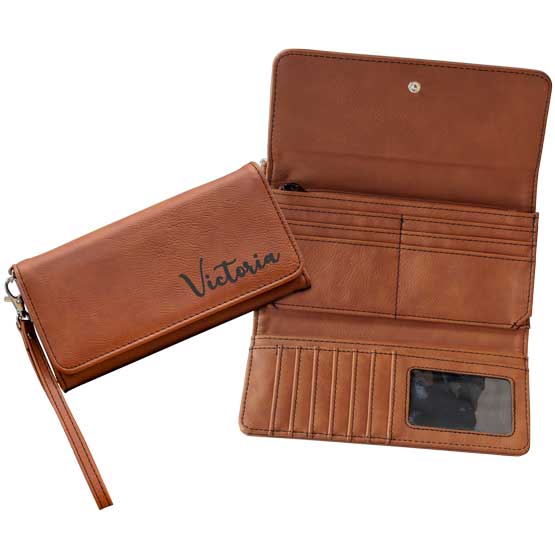 Custom Rawhide Faux Leather Trifold Wallet With Wrist Strap And Engraved Name Beside Example Of The Wallet Opened Up