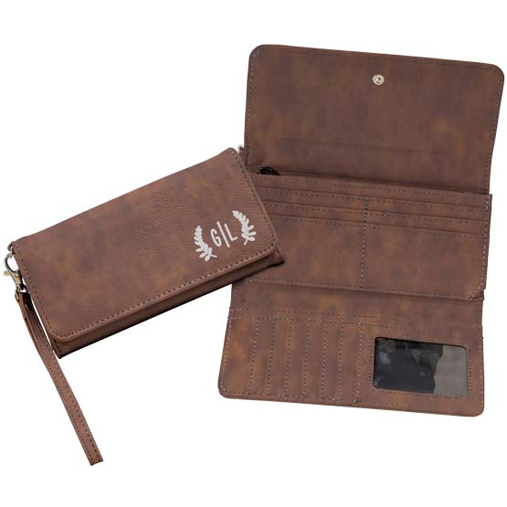 Custom Rustic Faux Leather Trifold Wallet With Wrist Strap And Engraved Initials Beside Example Of The Wallet Opened Up