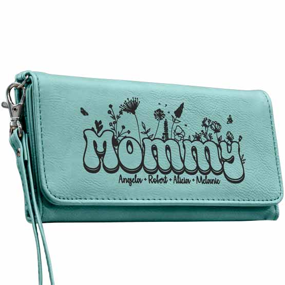 Custom Teal Faux Leather Trifold Wallet With Wrist Strap And Laser Engraved With Mommy And Family Names And Garden Art