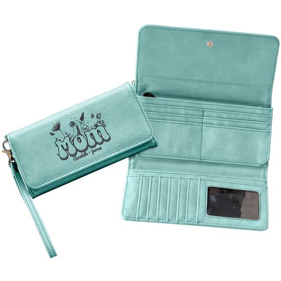 Custom Teal Faux Leather Trifold Wallet With Wrist Strap And Engraved With Mom And Names Beside Example Of The Wallet Opened