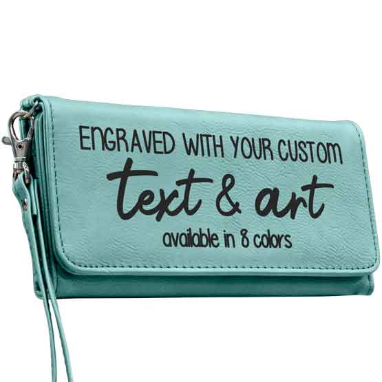 Custom Teal Faux Leather Trifold Wallet With Wrist Strap And Laser Engraved To Show Customizable Areas For Text And Art