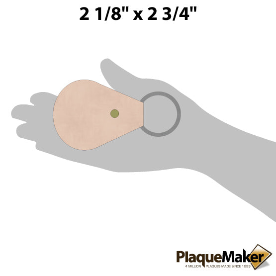 Size Guide With Blank Hand Holding Custom Light Brown Leather Teardrop Keychain Against A White Background