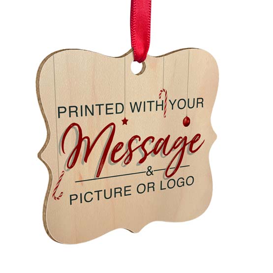 Ornate Maple Wood Ornament With Red Ribbon And Full Color Printing That Shows Customizable Options And Areas For Art And Text