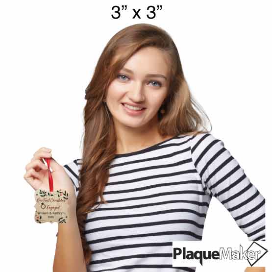 Size Guide With Happy Woman Holding Ornate Maple Wood Ornament With Full Color Printing Of Mistletoe And Engagement Details