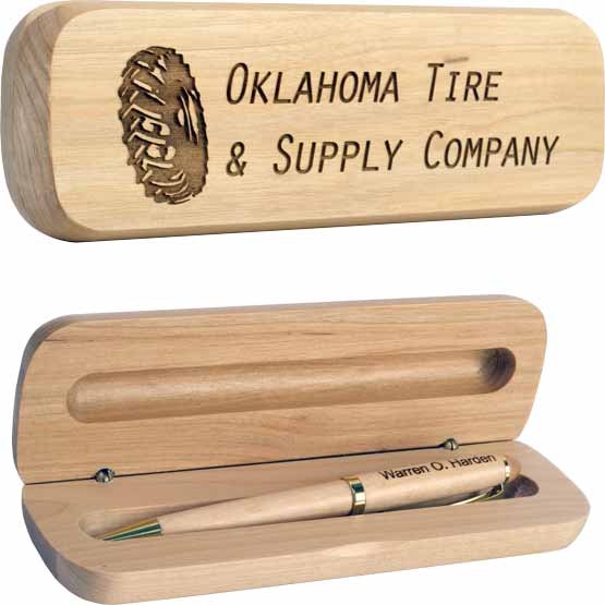 Closed Maple Wood Pen Case Engraved With Tire Company Name And Logo Above Opened Set Showing Matching Pen Engraved With Name