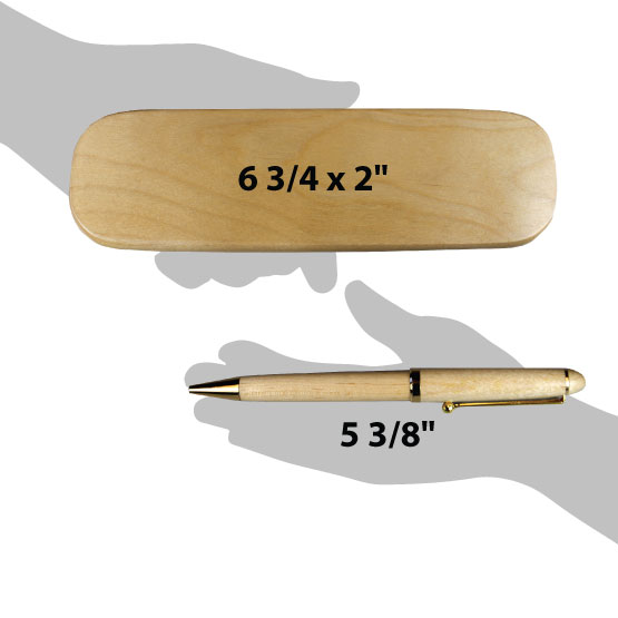 Size Guide With Blank Hands Holding Maple Wood Pen Case And Matching Pen Showing Measurements Against White Background
