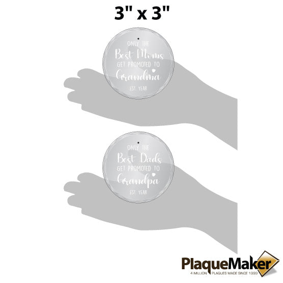 Size Guide With Blank Figures Holding Two Circle Glass Ornaments Engraved With Promoted To Grandma Or Grandpa Options