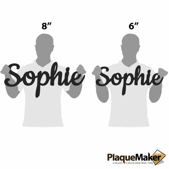 Size Guide With Blank Figures Holding Two Sizes Of Custom Plastic Sign With Cursive Letters Cutout Of Sophie Name