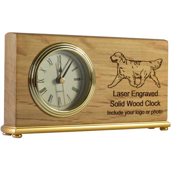 Red Alder Wood Desk Clock With Landscape Shape And Gold Trim And Laser Engraved With Dog Art Above Customization Details
