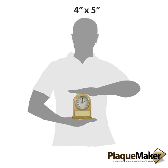 Size Guide With Blank Figure Holding Red Alder Desk Clock With Portrait Arch Shape And Metal Trim And Gold Plate