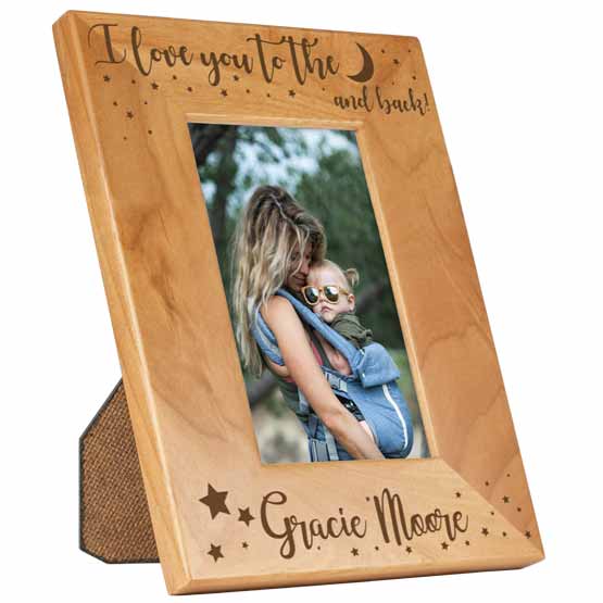 Red Alder Picture Frame With Photo Of Mom With Baby And Engraved With Name And I Love You To The Moon And Back And Moon Art