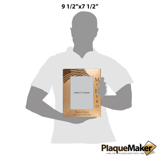 Size Guide With Blank Figure Holding Red Alder Picture Frame Engraved With American Flag And My Hero And Customizable Area