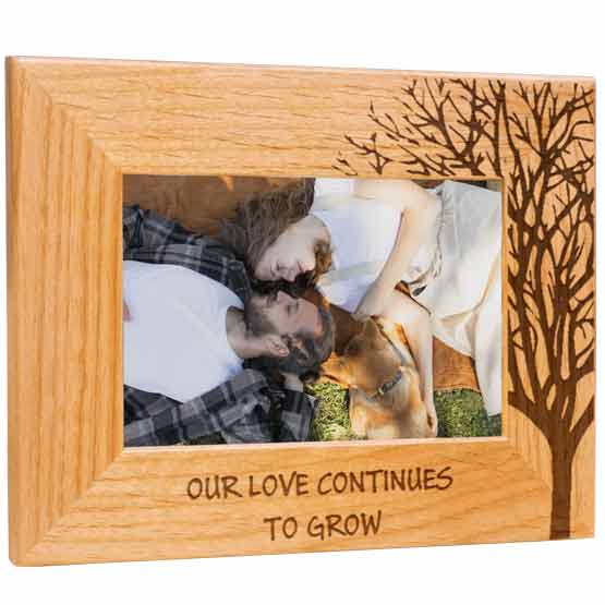 Red Alder Landscape Picture Frame With Couple Photo And Engraved With Tree Art And Our Love Continues To Grow Text