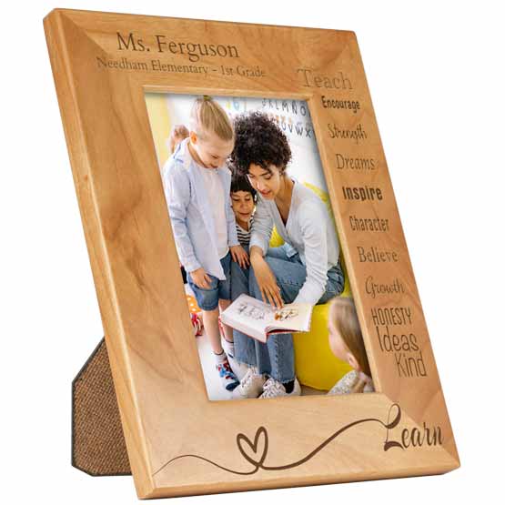 Custom Red Alder Picture Frame With Photo Of Teacher And Kids And Engraved With Teacher Details And Traits And Cursive Learn
