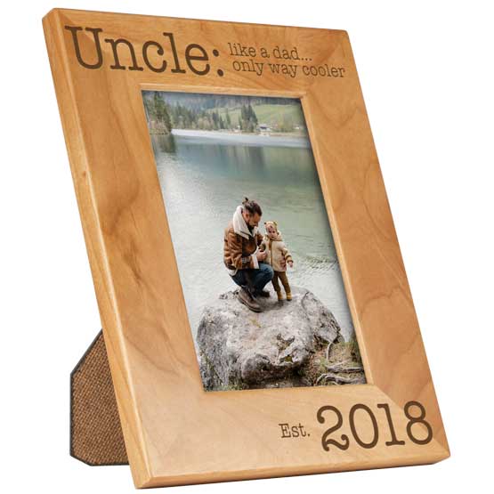 Custom Red Alder Picture Frame With Photo Of Uncle And Kid By Lake And Laser Engraved With Date And Cool Uncle Message