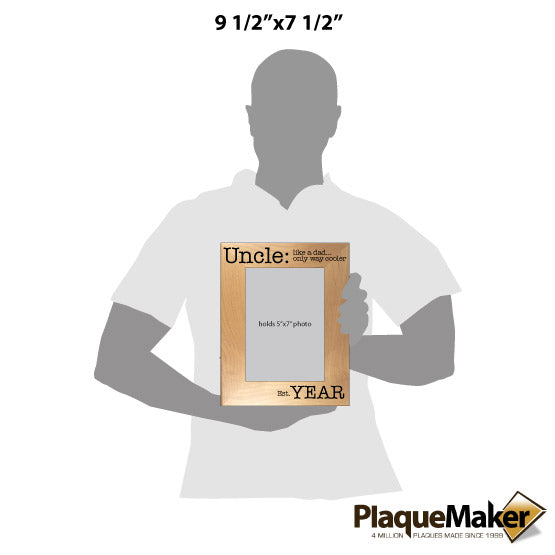 Size Guide With Blank Figure Holding Red Alder Picture Frame Laser Engraved With Cool Uncle Message And Customizable Area