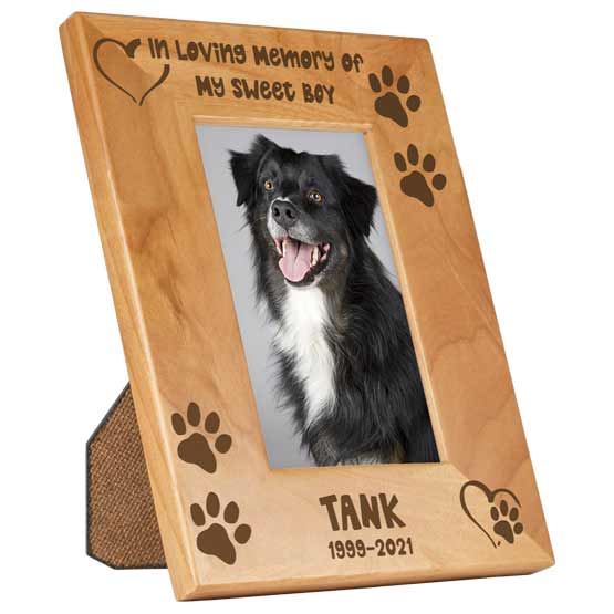 Red Alder Picture Frame With Dog Photo And Engraved With Hearts And Paw Prints Art And Dog Memorial And Name And Years Lived