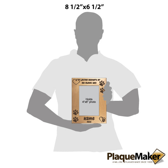 Size Guide With Blank Figure Holding Red Alder Picture Frame Engraved With Hearts And Paw Prints And Dog Memorial Areas
