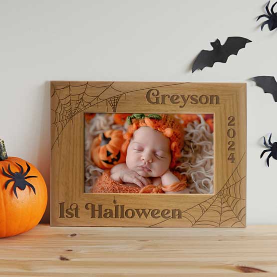 Red Alder Picture Frame With Baby Halloween Photo And Web Art And Name And Date And First Halloween Text On Shelf By Pumpkin