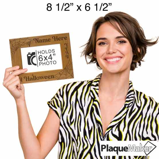 Size Guide With Happy Woman Holding Red Alder Picture Frame With Web Art And First Halloween Text And Customizable Areas