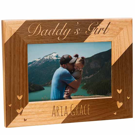 Custom Red Alder Picture Frame With Photo Of Dad With Little Girl And Engraved With Name And Daddy’s Girl And Heart Artwork 