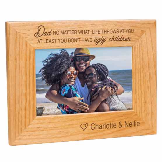 Red Alder Picture Frame With Photo Of Dad With Grown Daughters At Beach And Engraved With Names And Funny Message