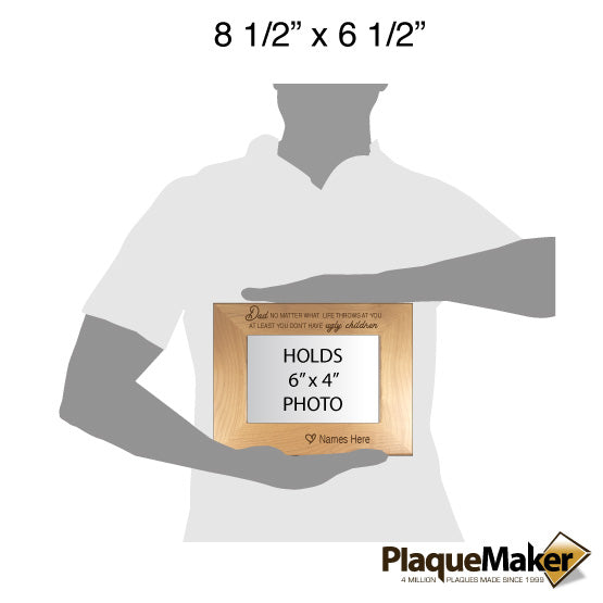 Size Guide With Blank Figure Holding Red Alder Picture Frame Engraved With Funny Message For Dad And Customizable Names Area