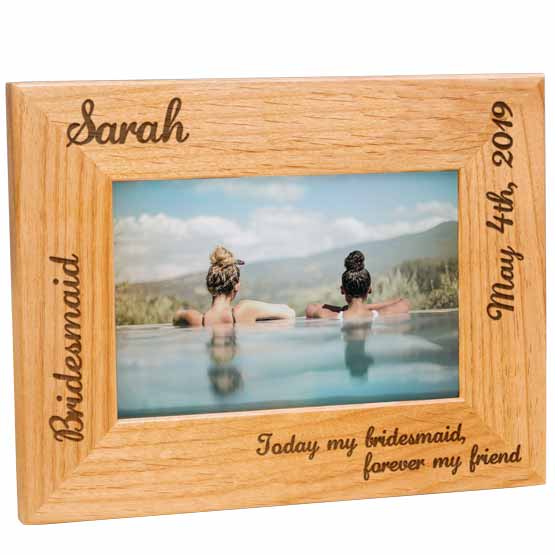 Custom Red Alder Picture Frame With Photo Of Women In Lake And Engraved With Names And Date And Bridesmaid And Message